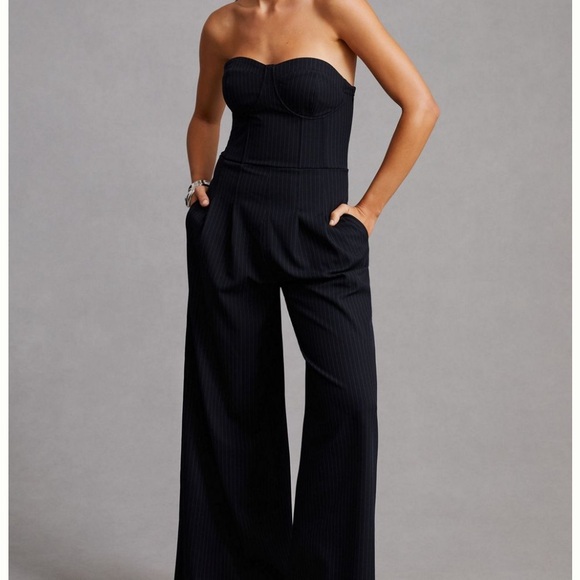Anthropologie Pants - Anthropologie Black Strapless Wide-Leg Pinstripe Jumpsuit